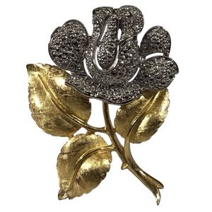 Trifari Flower Brooch Rose Gold Silver Tone Vintage